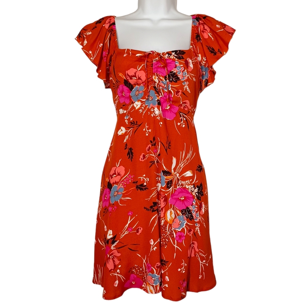 FOREVER 21 Burnt Red Orange Pink Floral Print Flutter Sleeve Mini Dress Medium